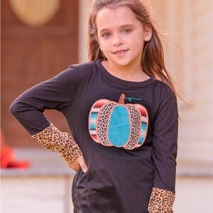 Southern Grace Girls Black Long Sleeve with Embroidered Leopard Pumpkin